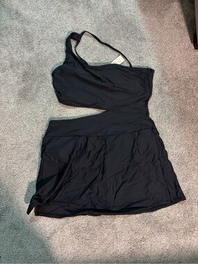 One-Shoulder Black Swimdress with Skirted Hem